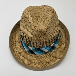 HYP Straw Fedora Hat Tan Woven Short Brim with Blue Plaid Band NWT